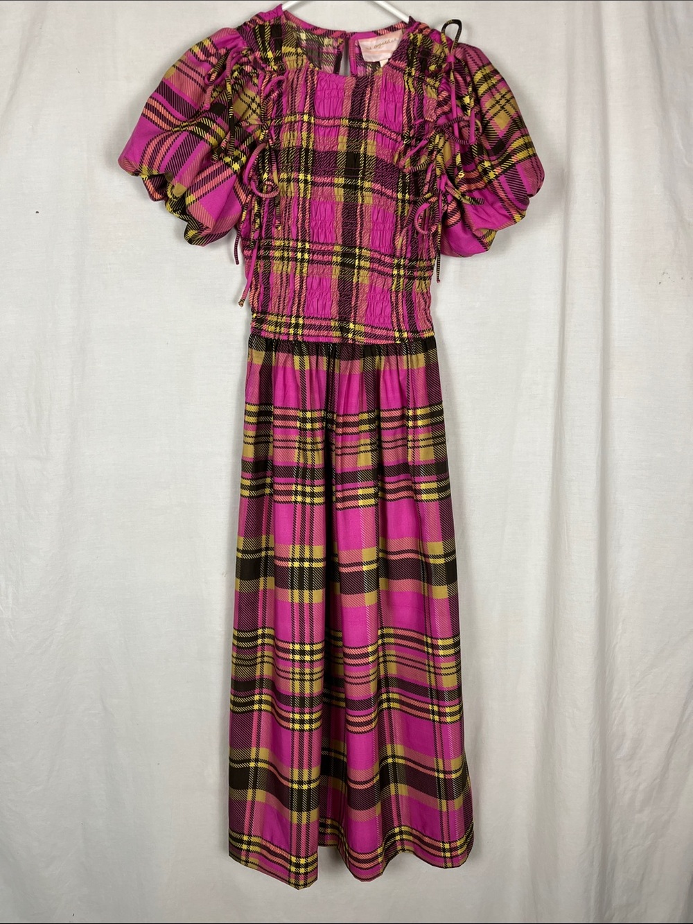 Us Together Pink and Yellow Smocked Midi Dress with Puff Sleeves
